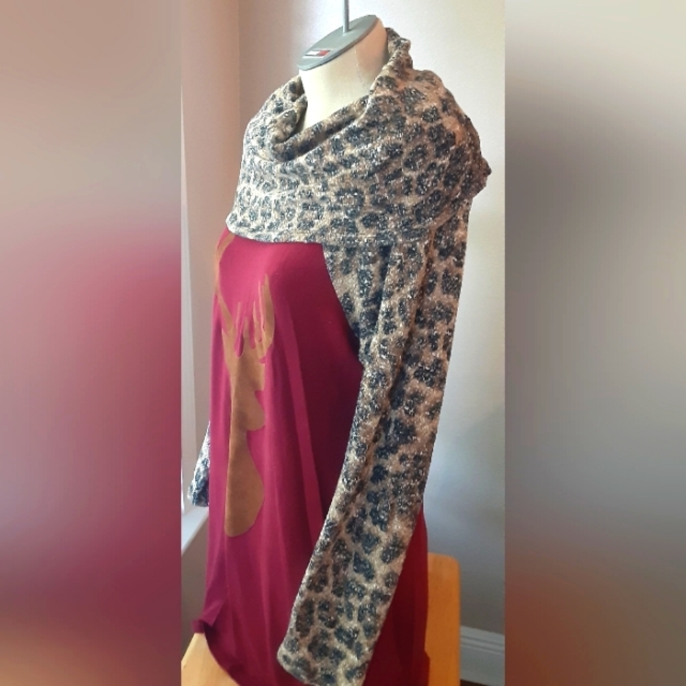EUC Deer Cowl neck Leopard tunic top/dress